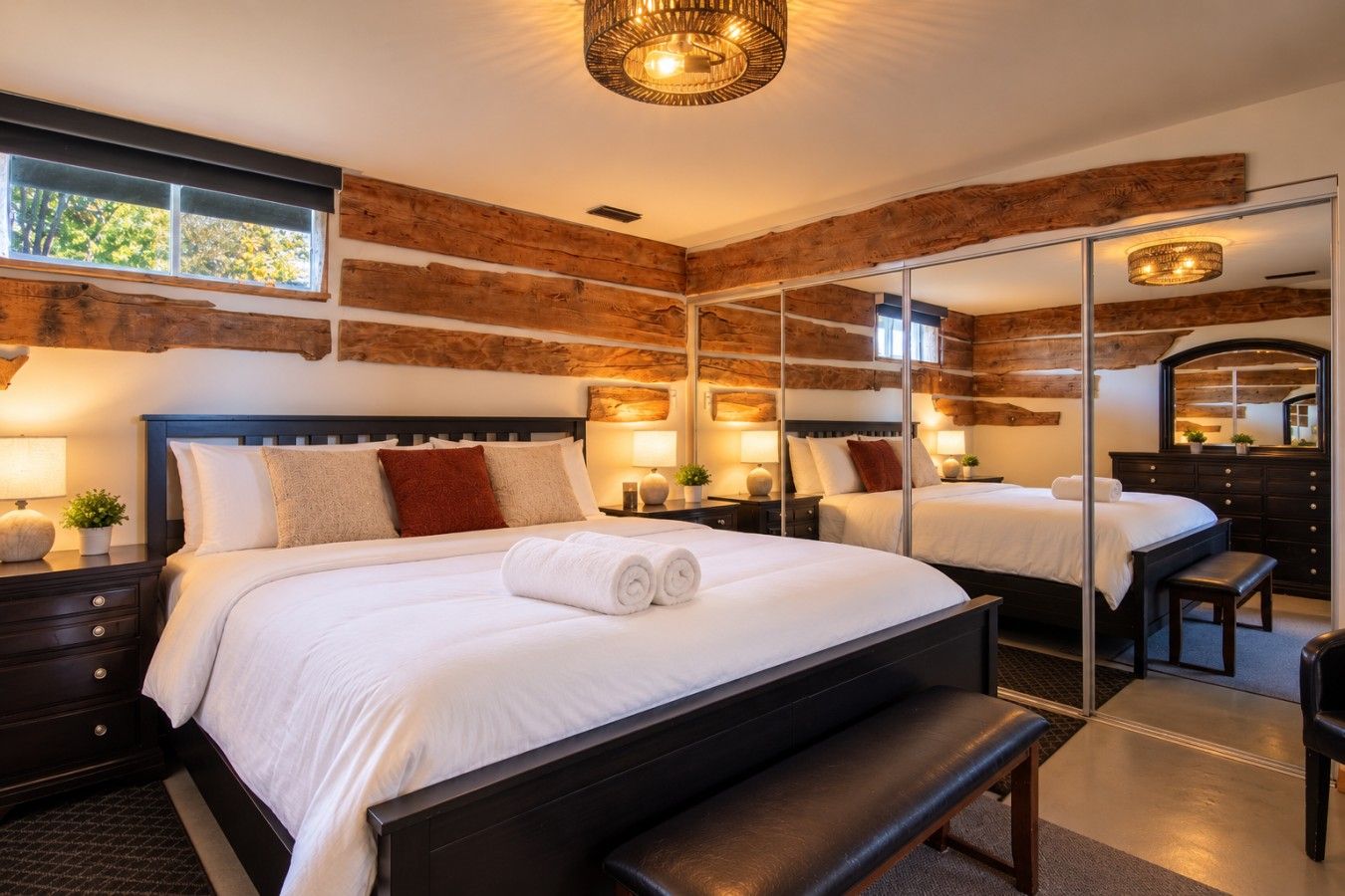 A modern bedroom with a large bed, bedside tables, a bench, and a mirror.