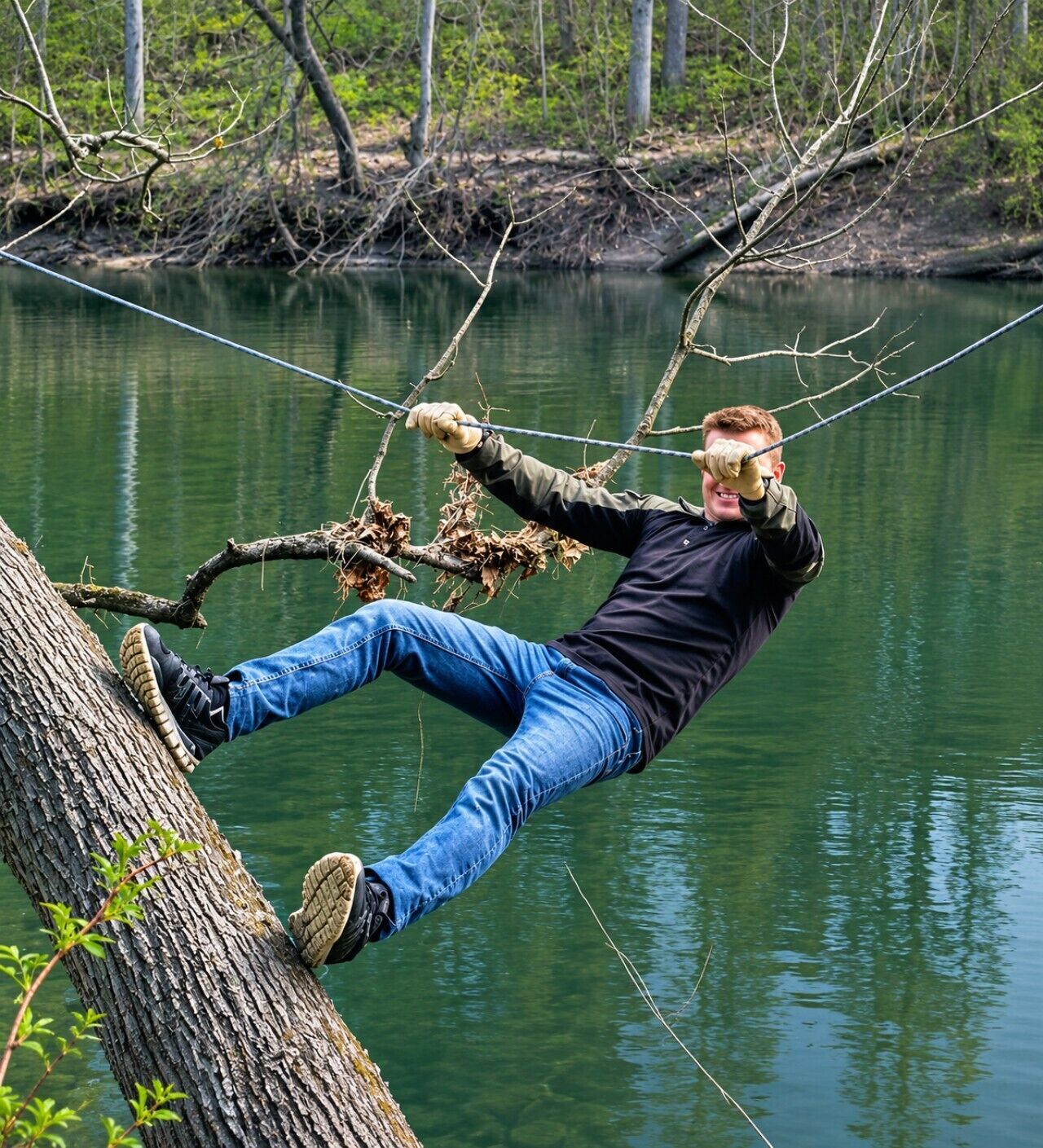 A person sitting on a tree branch over a body of water, holding onto a rope.