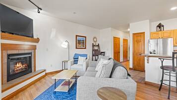 Smart TV, fireplace, books