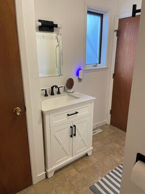 Hair dryer, towels, toilet paper