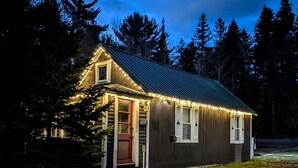 Eine rustikale Holzhütte mit Metalldach, beleuchtet von Lichterketten, umgeben von Bäumen.