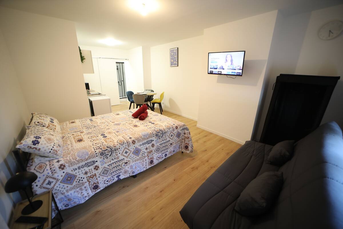 Quarto com cama, sofá, televisão, escrivaninha e cadeira.