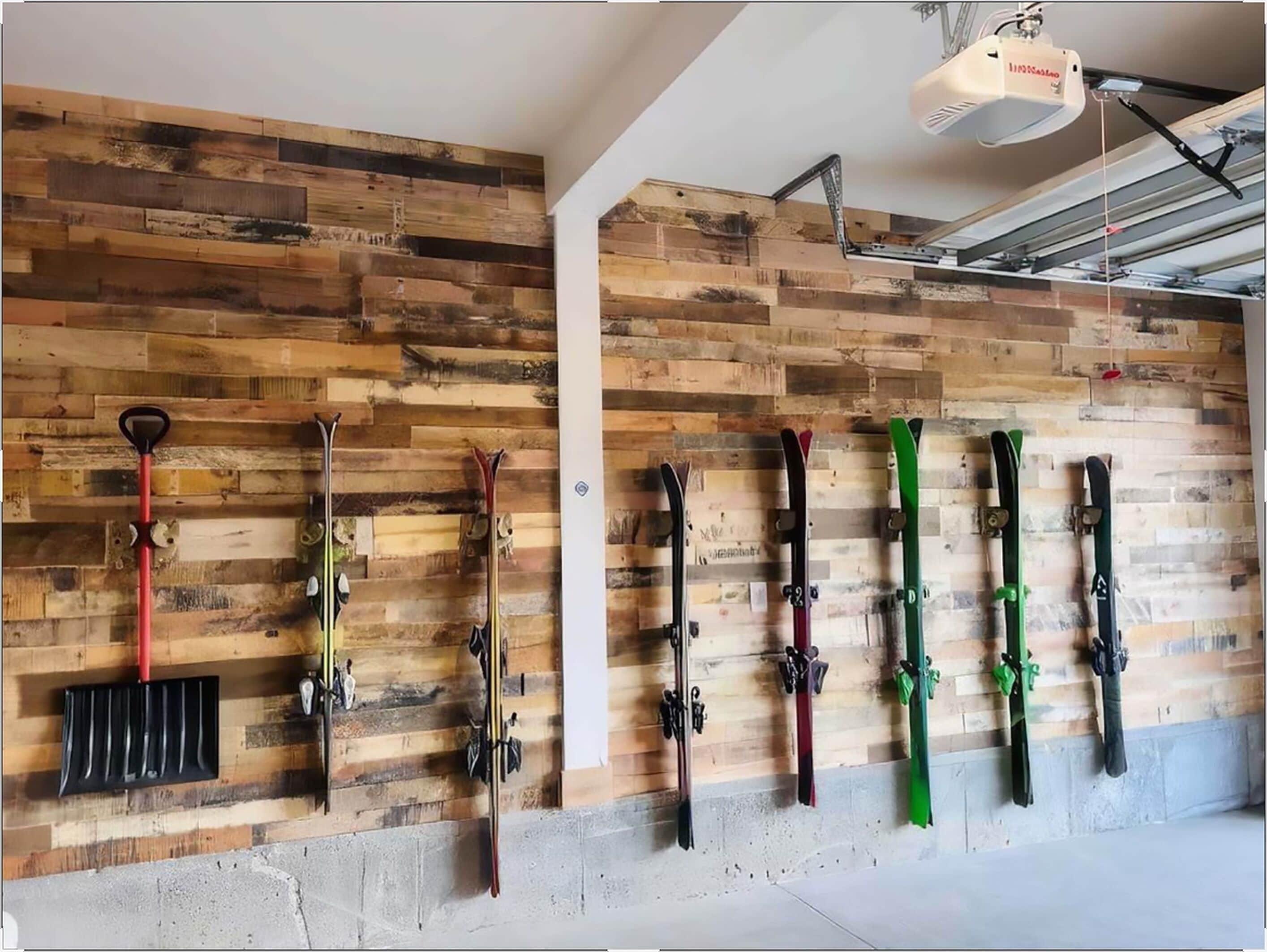A ski rack with skis and a shovel mounted on a wooden wall.