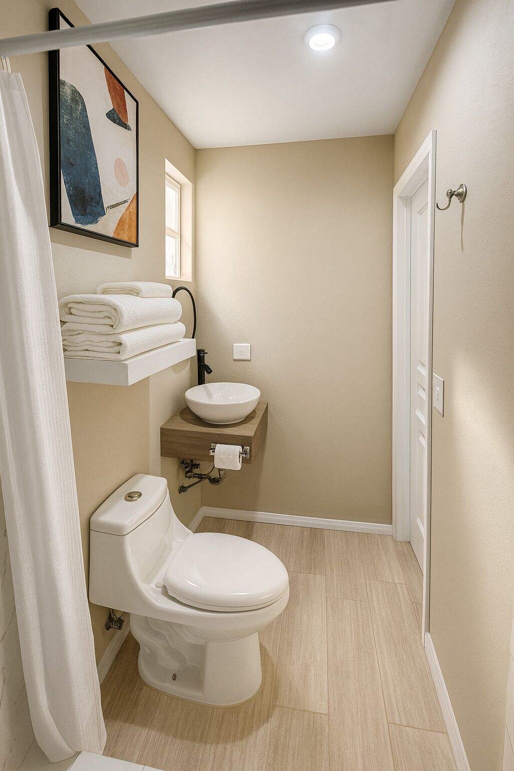 Un baño pequeño y moderno con inodoro, lavamanos y toallero.