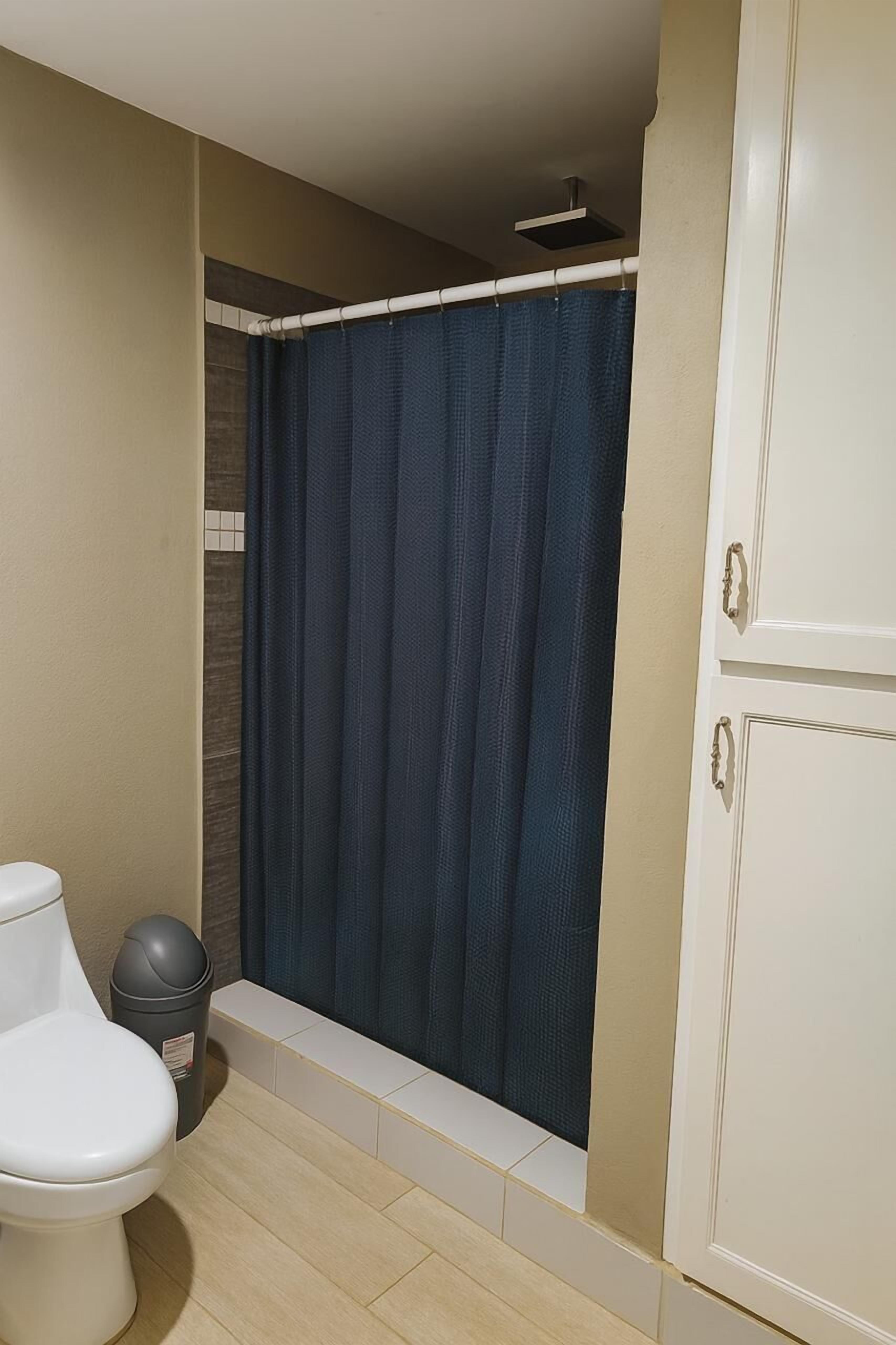 A bathroom with a toilet, a trash bin, a shower curtain, and a cabinet.