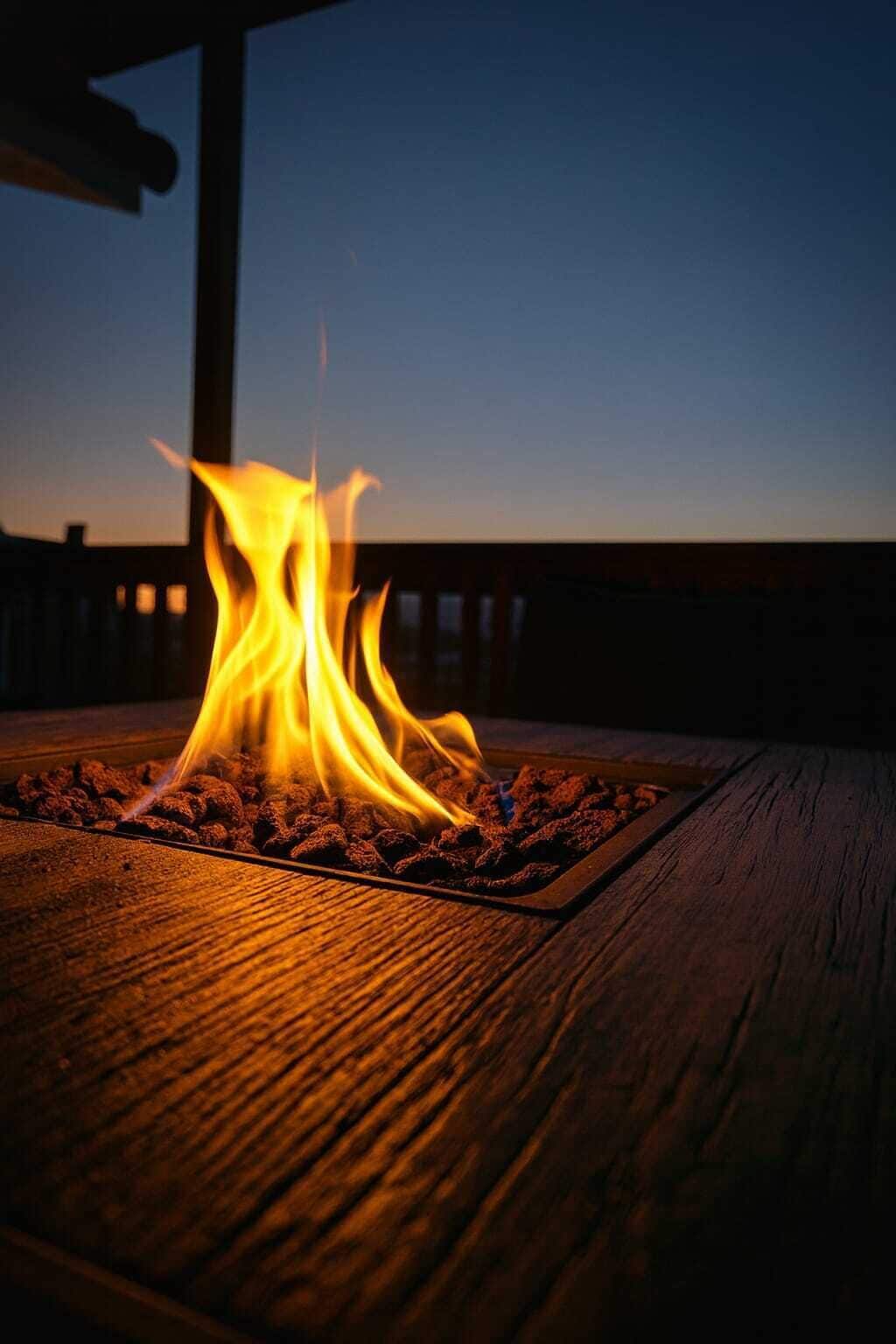 Fuego ardiendo sobre una terraza de madera al anochecer.