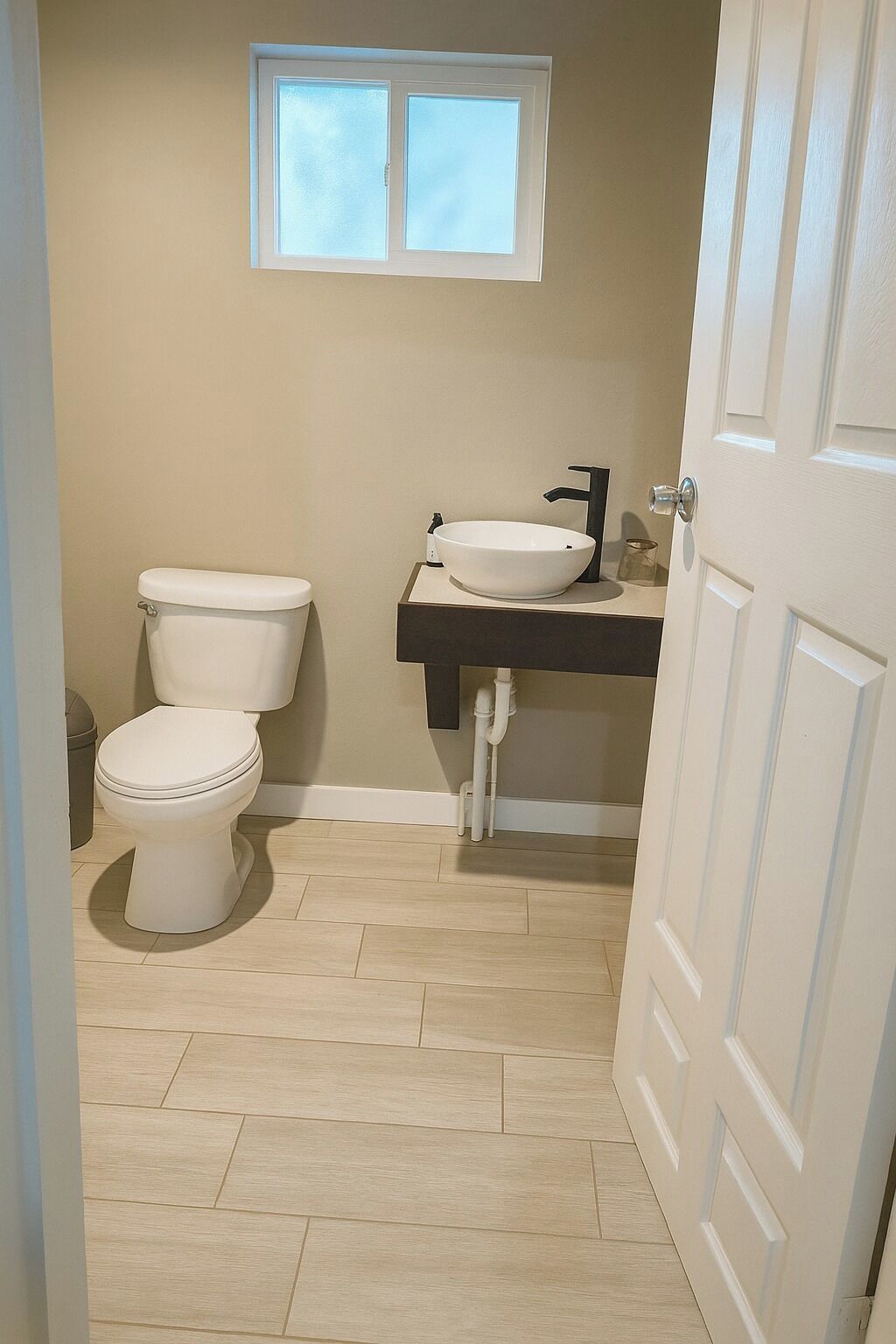 A bathroom with a toilet, a sink, and a window above the sink.