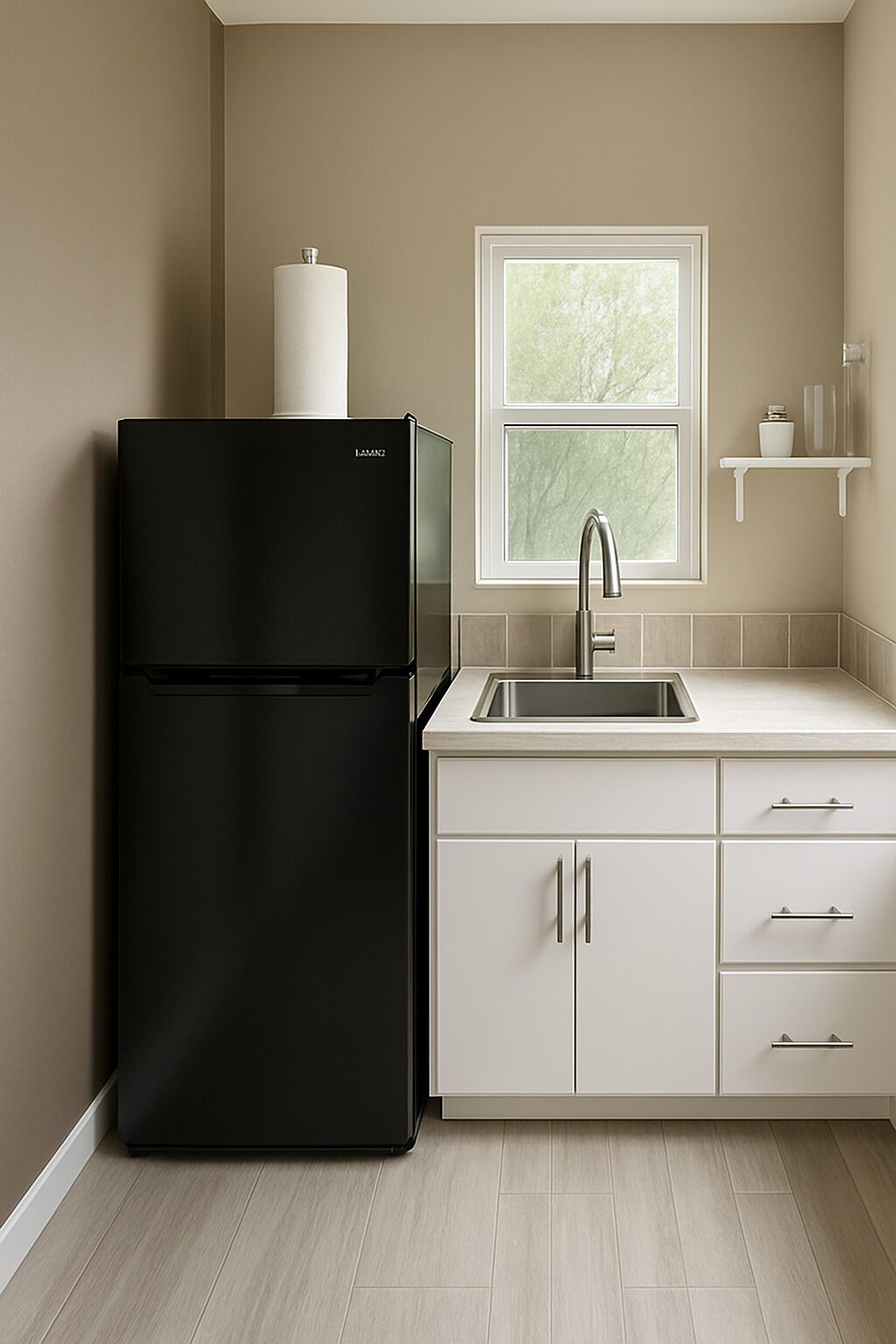 A kitchen with a black refrigerator, white cabinets, a stainless steel sink, and a window with a view of greenery.