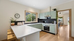 Fridge, microwave, oven, cookware/dishes/utensils