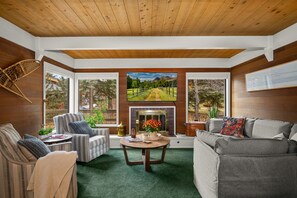 TV connectée, cheminée, livres