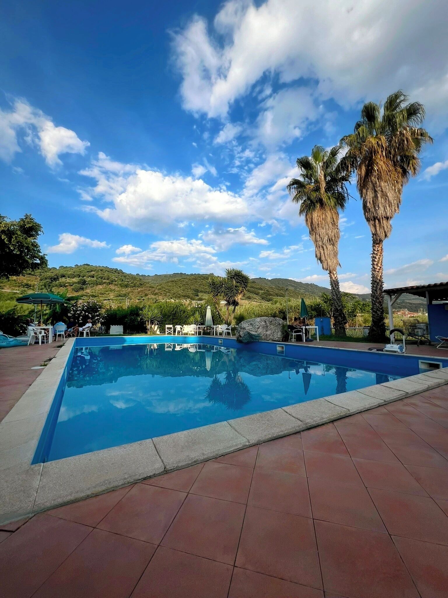 Ein rechteckiger Pool mit Fliesenränder, umgeben von Palmen und Stühlen, vor einer Kulisse aus Hügeln und blauem Himmel.