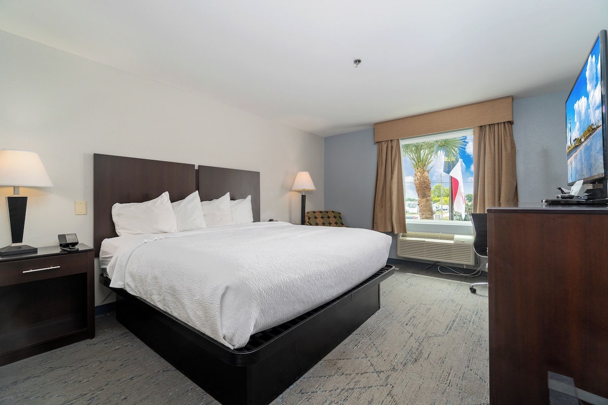 Une chambre d’hôtel avec un grand lit, deux tables de chevet avec des lampes, un bureau avec une télévision et une fenêtre donnant sur des palmiers.