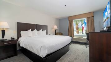 A hotel room with a large bed, two bedside tables with lamps, a desk with a TV, and a window with a view of palm trees.