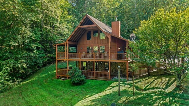 Une cabane en bois dotée d’un balcon, entourée d’une végétation luxuriante.