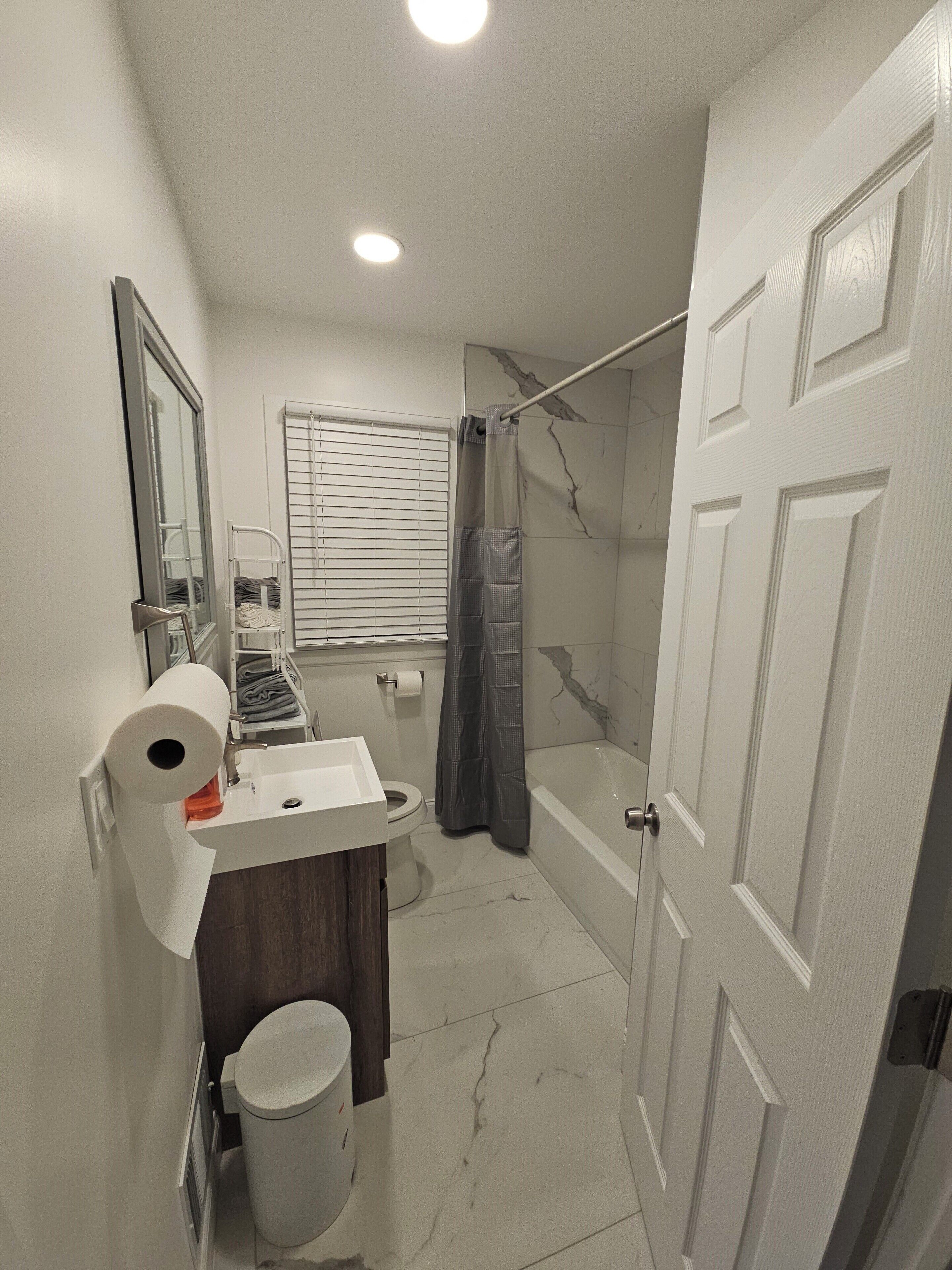 Hair dryer, towels, soap, shampoo