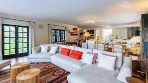 Smart-tv, een open haard, boeken en een muziekbibliotheek