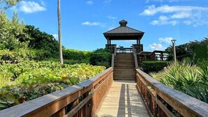 Una passerella in legno conduce a un gazebo, con un cielo azzurro limpido e palme sullo sfondo.