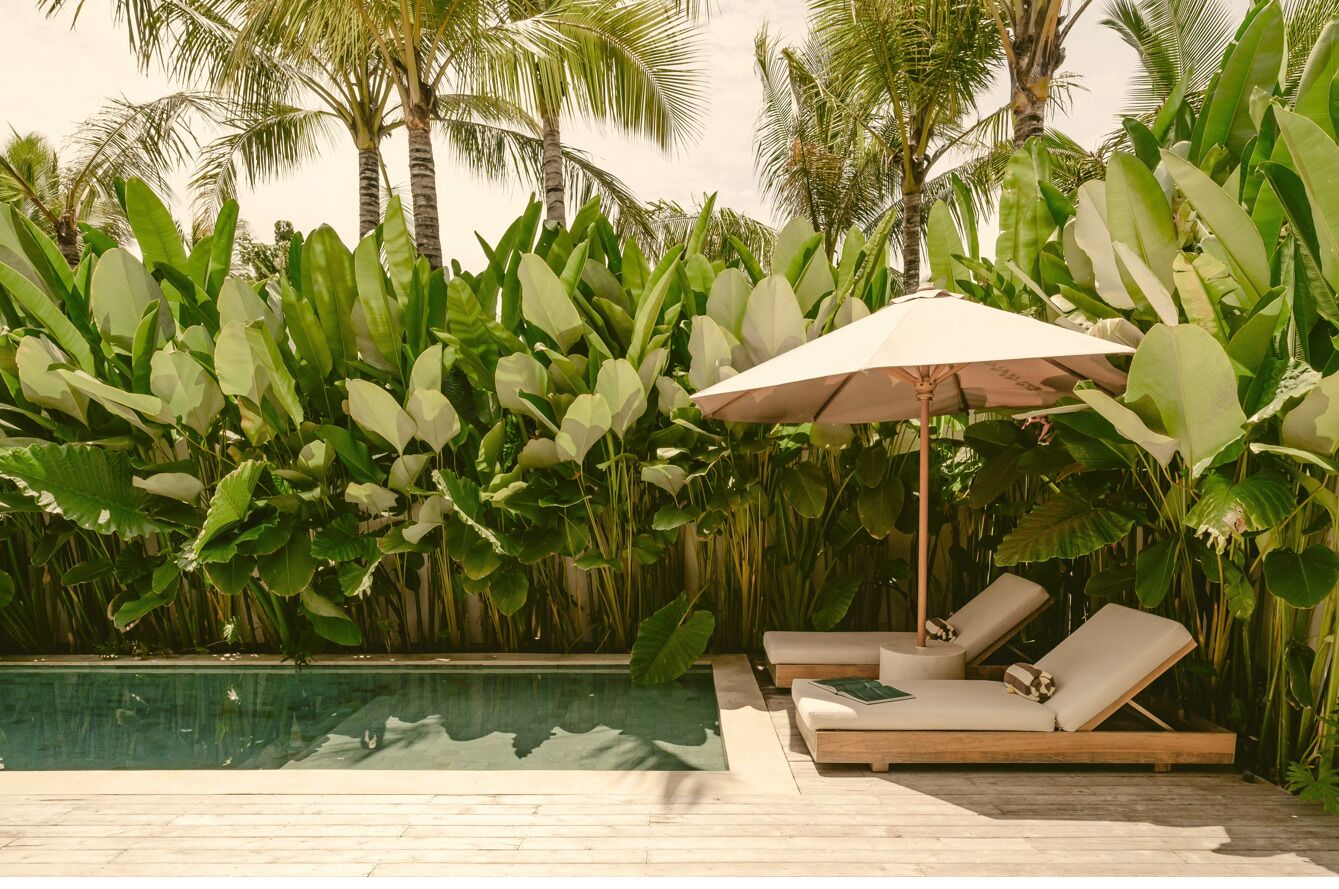 Uma área à beira da piscina com duas espreguiçadeiras e um grande guarda-sol, cercada por vegetação tropical exuberante.