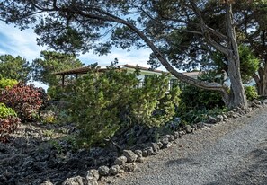 Ein Haus mit überdachter Veranda, umgeben von Bäumen und einem Kiesweg.