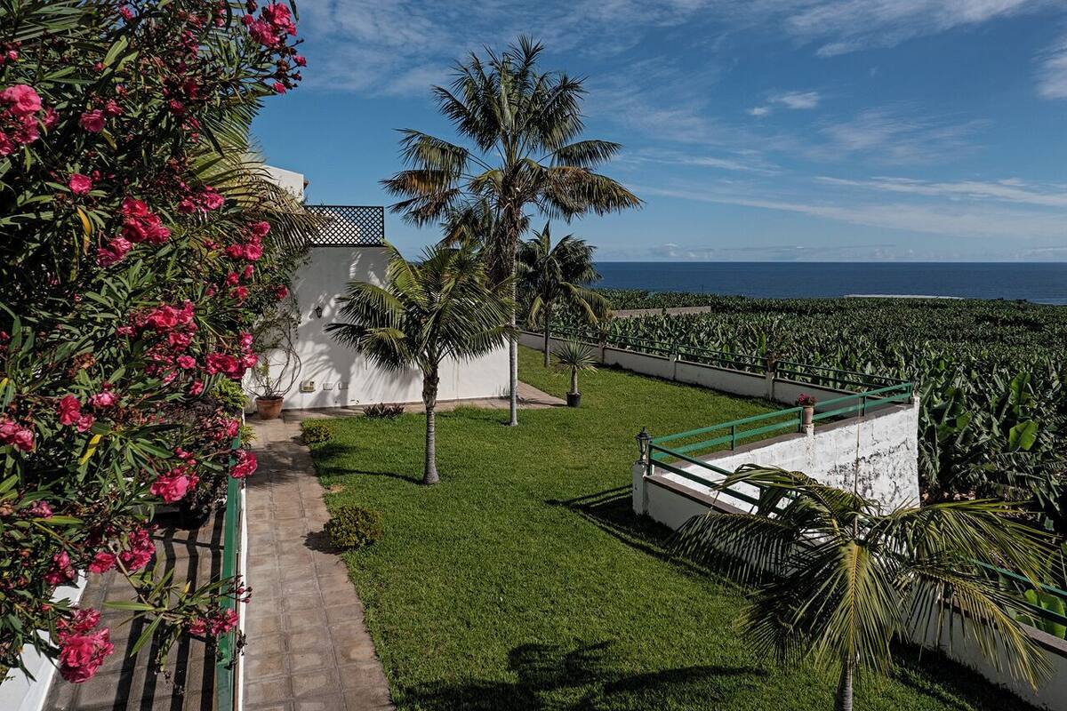 A well-maintained garden with palm trees and flowering plants, a white building with a balcony, and a view of the ocean.