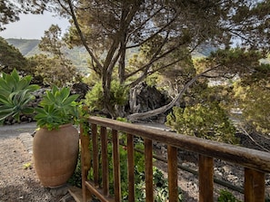 Una ringhiera in legno, piante in vasi e un paesaggio roccioso con alberi.