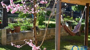 Eine Hängematte unter einer Pergola, ein Baum mit rosa Blüten und Kübelpflanzen in einem Garten.