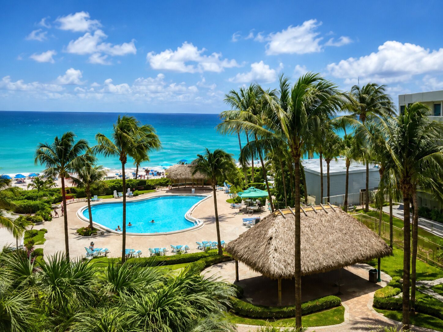 A resort with a pool, palm trees, and a view of the ocean.