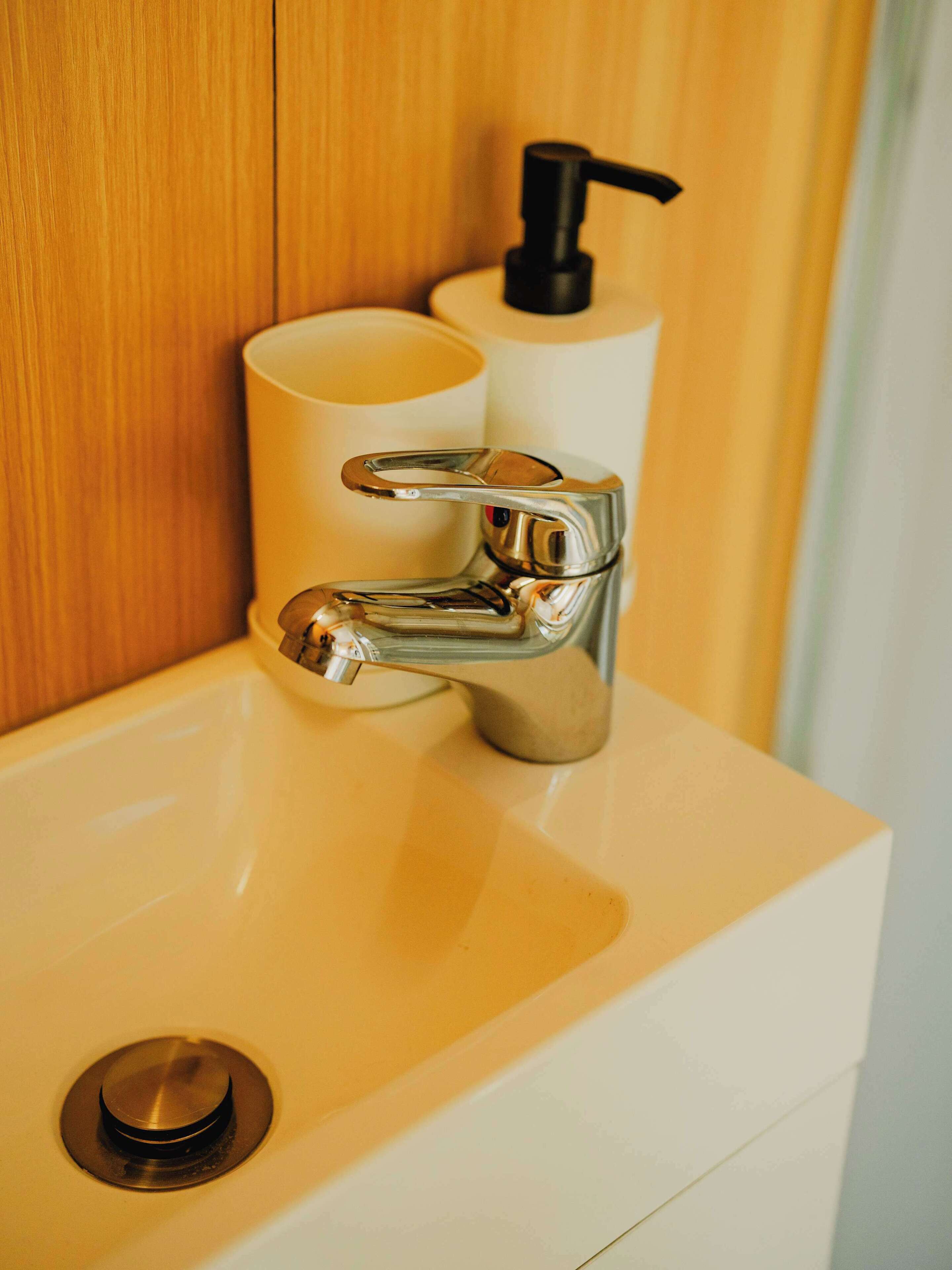 En vask med kromarmatur, sæbedispenser og toiletpapirholder.
