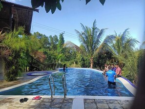 Una piscina rodeada de exuberante vegetación y palmeras.