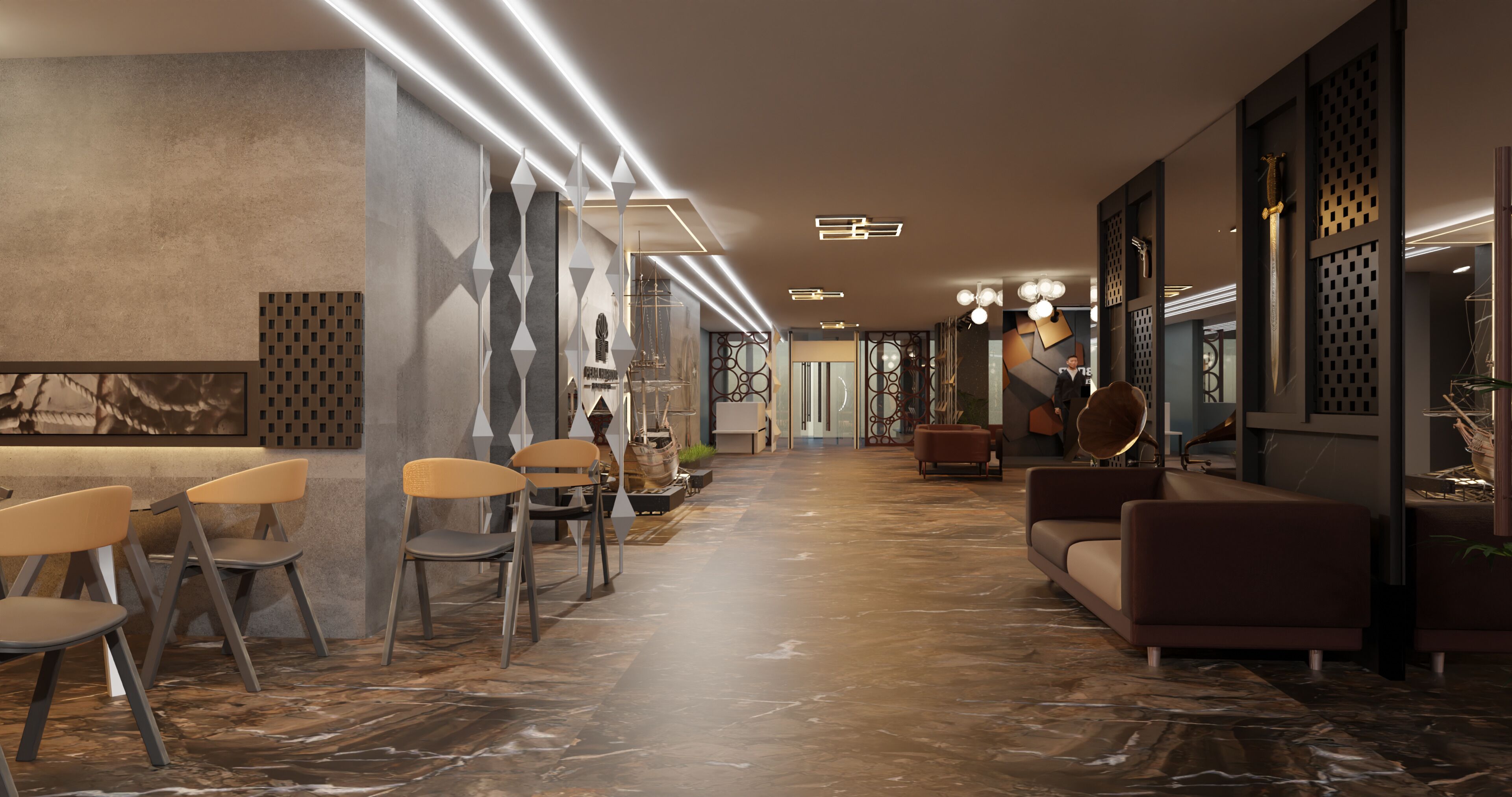 A modern lobby with seating areas, a reception desk, and decorative elements.