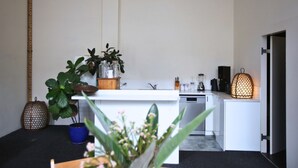 Una cucina moderna con mobili bianchi, un piano di lavoro nero e un lampadario. Si vedono piante in vaso ed elettrodomestici da cucina.