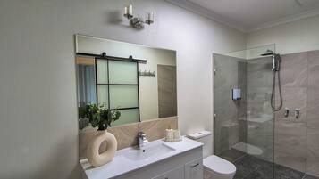 Shower, hair dryer, towels, soap