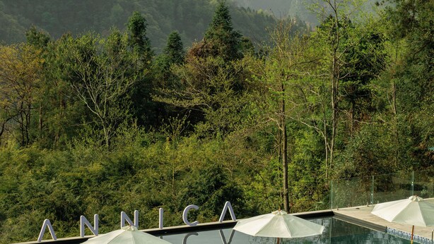 Un espace aménagé au bord de la piscine, avec des chaises longues et des parasols, entouré d’une végétation luxuriante et dominé par des montagnes en arrière-plan.
