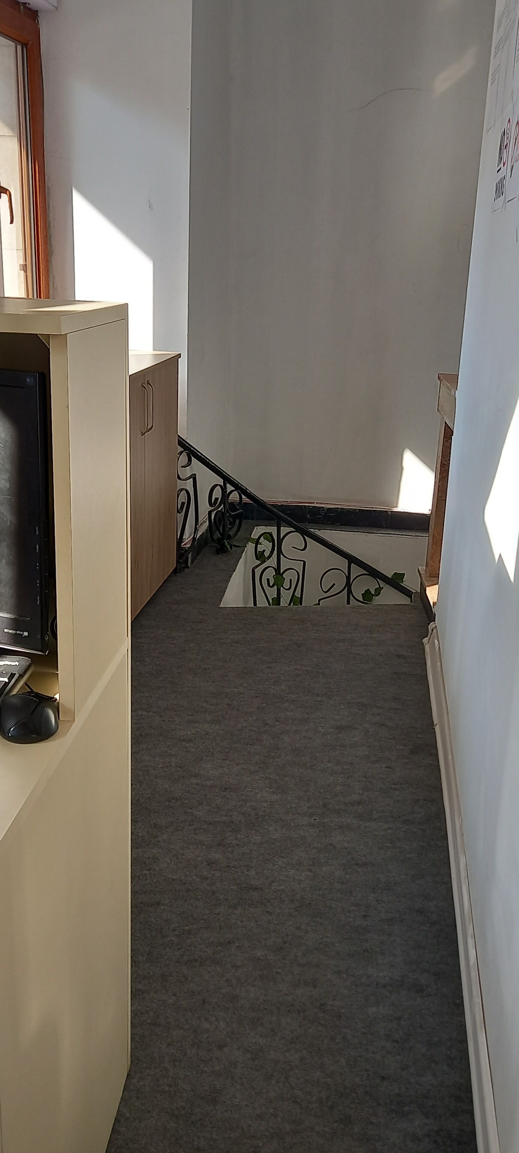 A narrow hallway with a carpeted floor, a wooden cabinet, and a staircase with a metal railing.