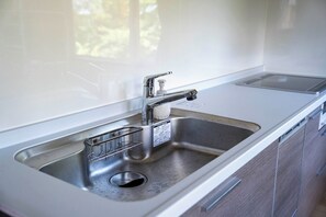 Kühlschrank, Mikrowelle, Herdplatte, Kochgeschirr/Geschirr/Besteck