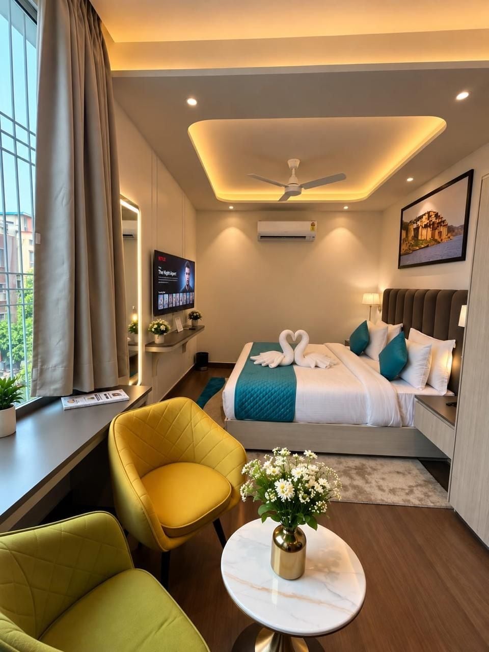 A hotel room with a bed, a desk, a chair, a TV, and a vase of flowers.