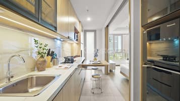 Apartment, 1 Bedroom, City View | Private kitchen | Full-size fridge, microwave, stovetop, rice cooker