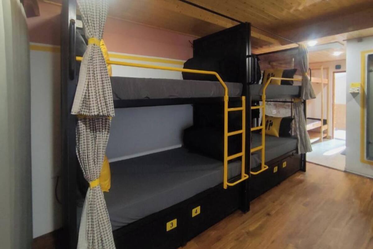 A bunk bed room with a ladder, numbered beds, and a wooden floor.