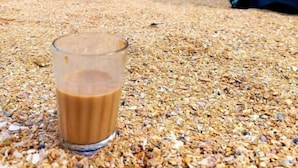 Eine Kaffeetasse auf einem Getreidebett, im Hintergrund Zelte.