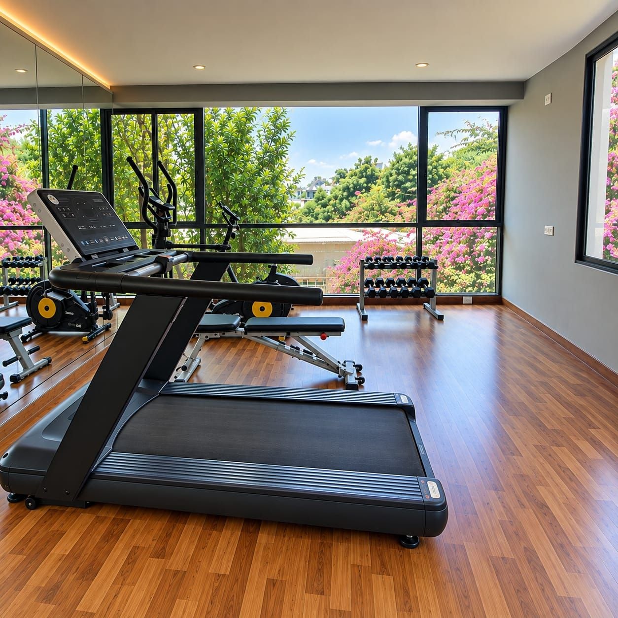A gym with a treadmill, elliptical, and dumbbells, large windows with a view of greenery.