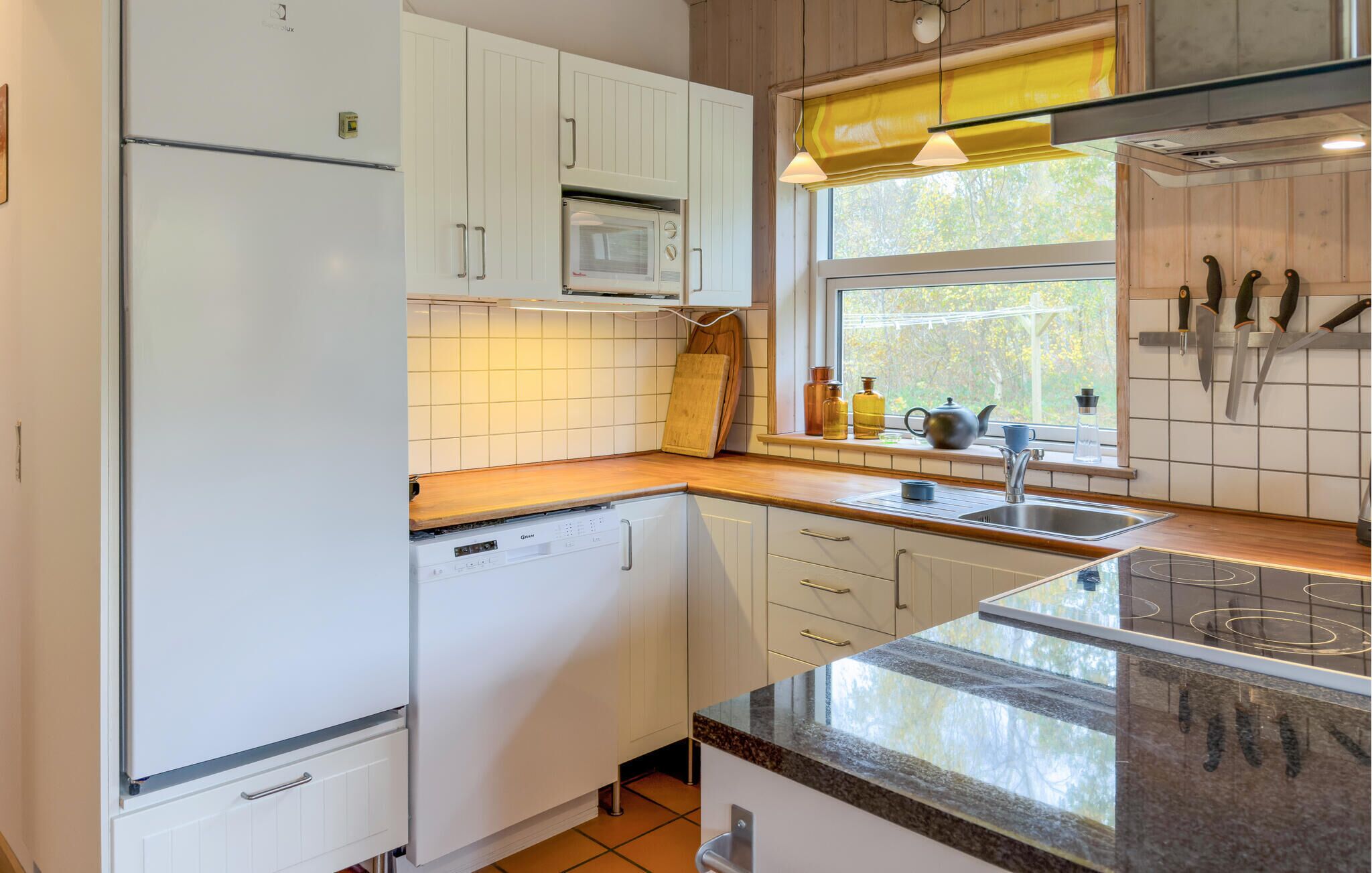 Fridge, stovetop, dishwasher, coffee/tea maker