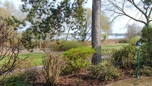 A park with a pond, trees, and a lamp post. - Cozy home in Röbel with lake view (Röbel)