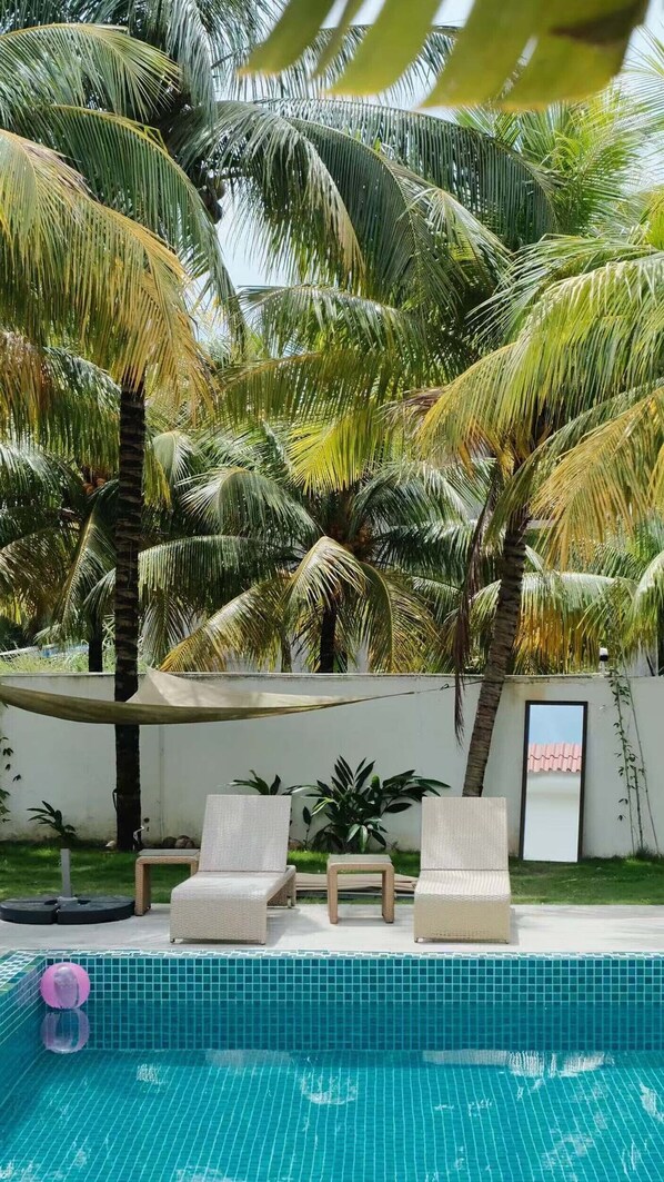 Une piscine avec des chaises longues et des palmiers en arrière-plan.