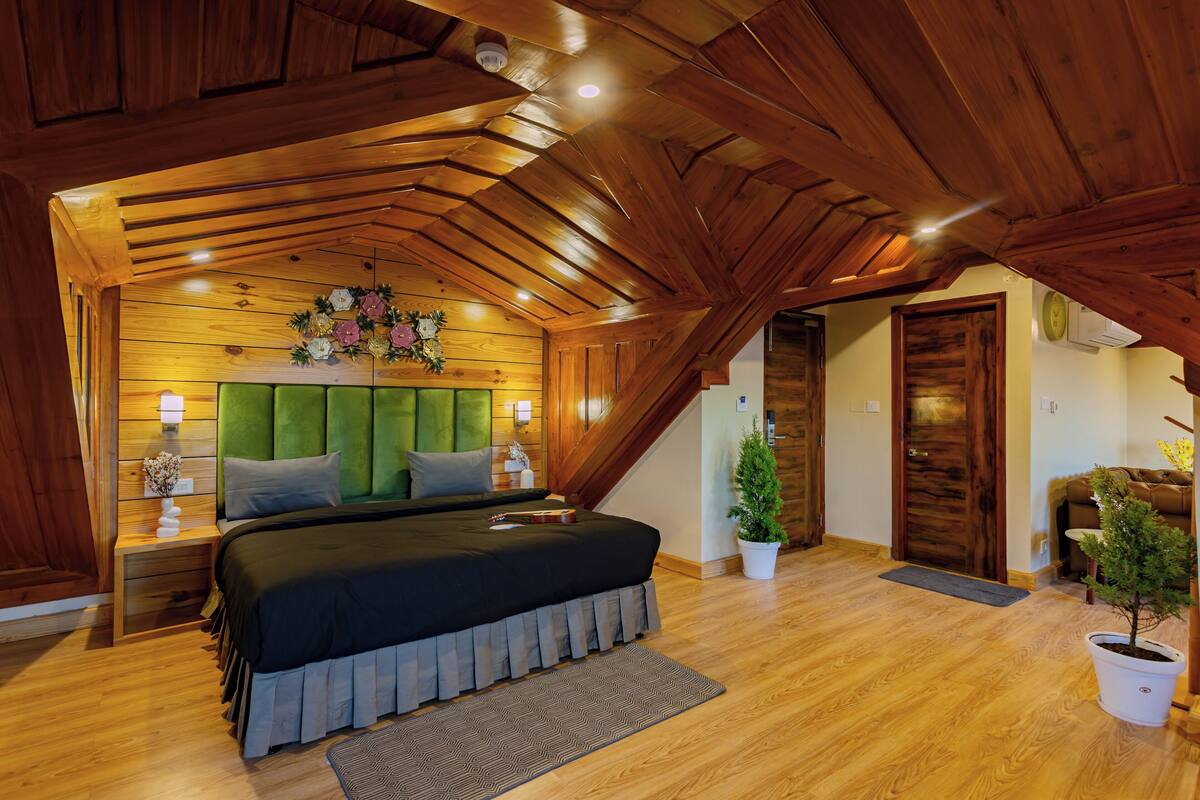 A bedroom with a wooden ceiling, a bed with a green headboard, a nightstand, a potted plant, and a door leading to another room.