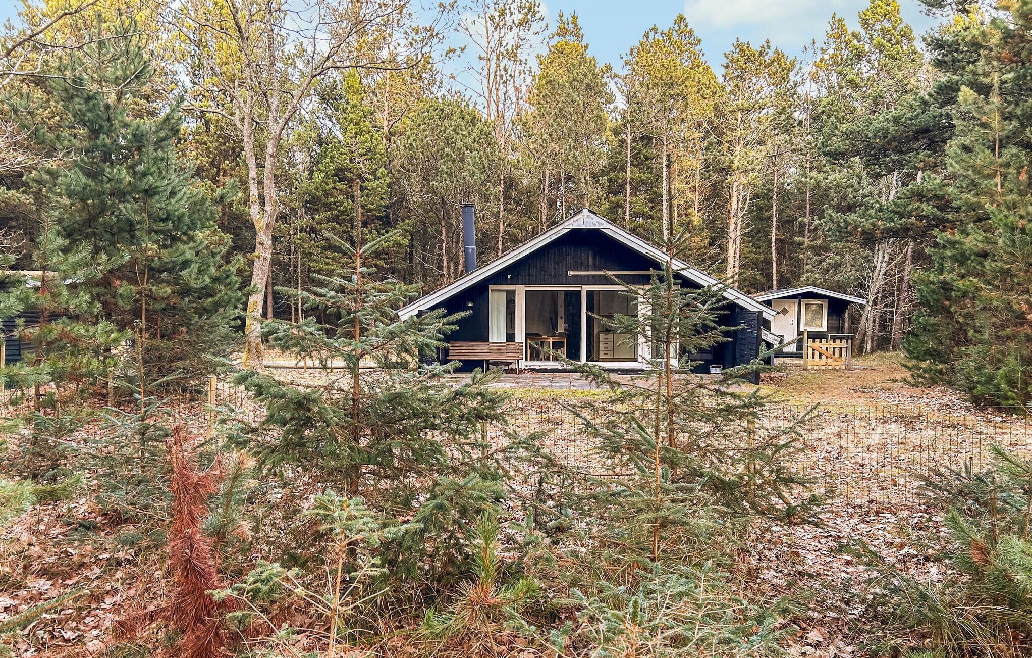 A cabin with a large window and a wooden deck, surrounded by dense forest.