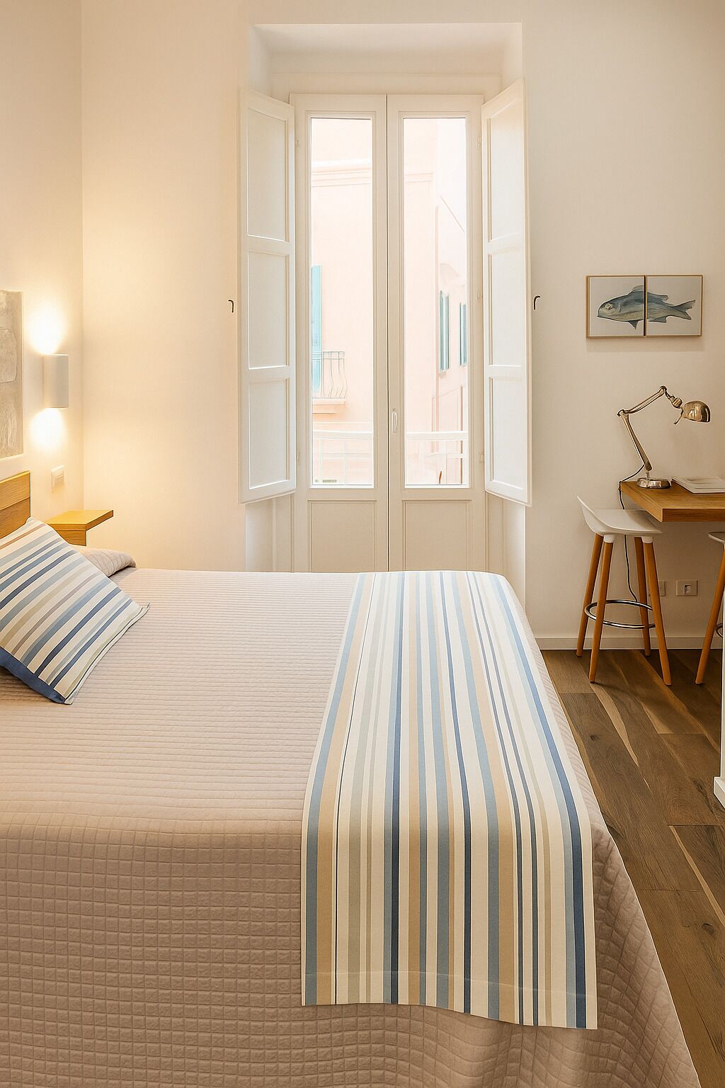 Una camera da letto con un letto, una scrivania e una finestra.