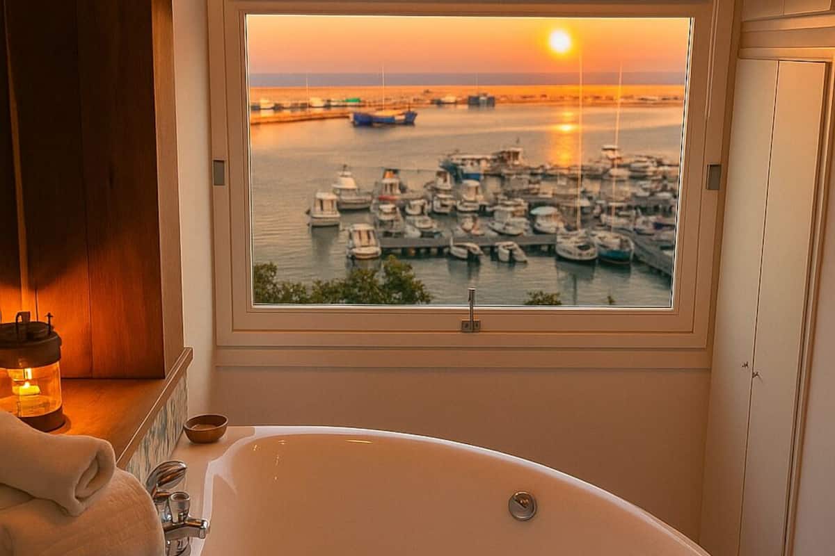 A bathroom with a large bathtub, a view of a marina at sunset, and a towel on the side.