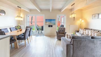 Fernseher, Kamin, DVD-Player, BĂŒcher