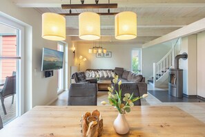 Fernseher, Kamin, DVD-Player, Bücher