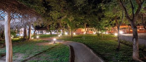 A nighttime park with a paved path, trees, and illuminated lights.